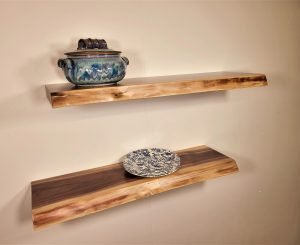 live edge walnut floating shelves