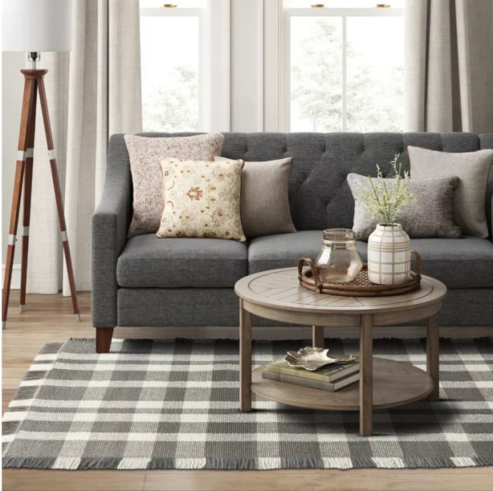plaid carpet in living room